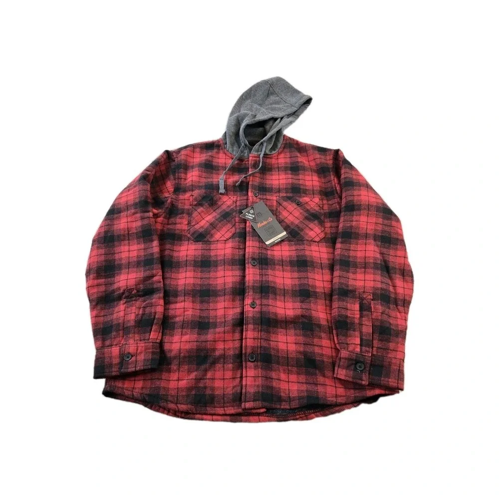 Hawke And Co. Men's Fleece Lined Shirt Jacket Black Red Plaid Hood Pockets XL - Picture 1 of 11